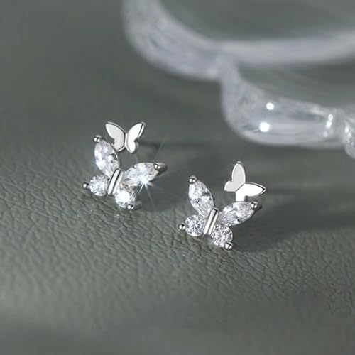 Silver Double Butterfly Crystal Stud Earrings, Dainty Shining Birthstone Birthday Gift Tiny Earrings, Sparkling Zircon Jewelry
