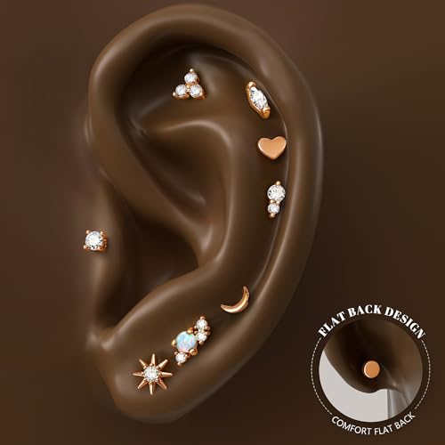 14K Gold Plated 925 Sterling Silver Flat Back Earrings Set | Hypoallergenic Cartilage Helix Conch Tragus Piercing Jewelry 3 Pairs Small Screw Dainty CZ Opal Earring Set Men Women - color: Rose Gold, Style D