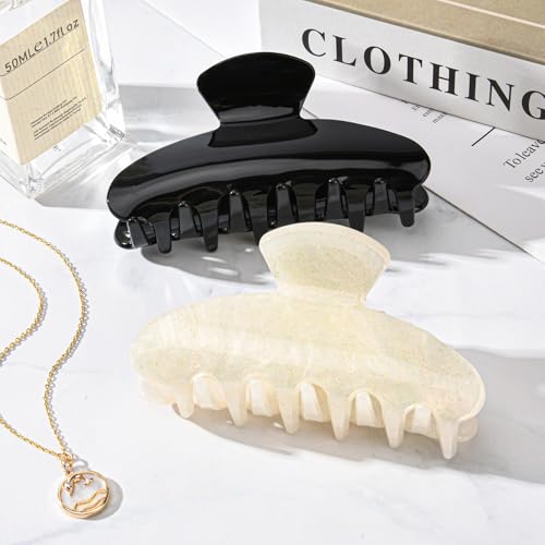 Aileam Acetate Hair Claw Clips for Women,Black White hair clip French Design Strong Hold Non-Slip claw clips for Thick Hair, 2 Pack - color: Black & Iridescent White
