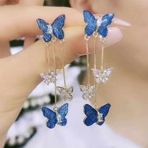 Purple Butterfly Tassel Earrings for Women Crystal Rhinestone Drop Earrings Animal Drop Dangle Charm Earrings - color: C-Deep Blue