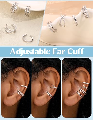 JeryWe 4 Pcs 925 Sterling Silver Ear Cuff for Women Non Piercing Adjustable Ear Cuff Earrings Clip On Cartilage Helix Wrap Ear Jewelry Set - color: Silver Plated