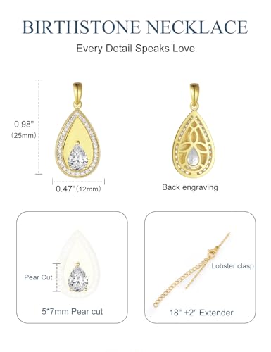 Birthstone Pendant Necklaces for Women 925 Sterling Silver Teardrop Pendant Necklace Birthday Jewelry Gift, 18"+2" Inches - color: 04 - Cubic Zirconia