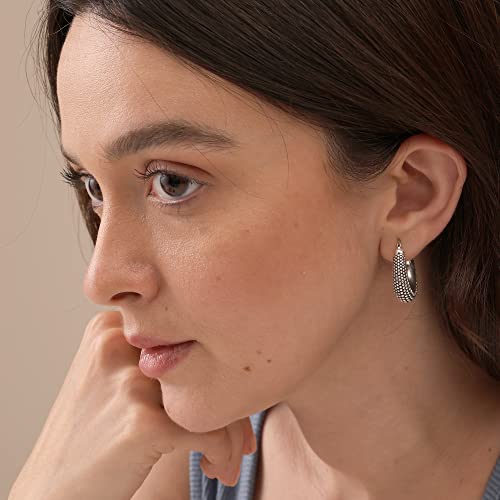 LeCalla 925 Sterling Silver Bali-Style Hoop Earrings Lightweight Click-Top Antique Two-Tone Beaded Italian Bali Style Earring Hoops for Women - style: Oval Beaded