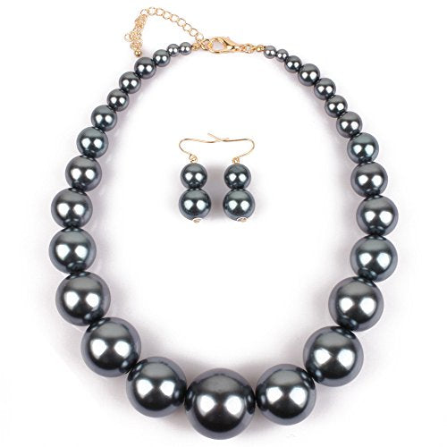 Fuqimanman2020 Chunky Large Simulated Pearl Choker Necklace Drop Dangle Earrings Crystal Bib Big Round Beaded Strand Multicolor Costume Statement Wedding Jewelry Set for Women Brides - color: Grey