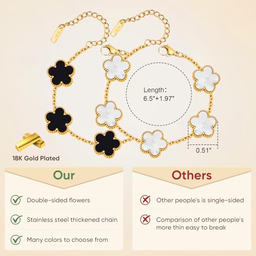 Women Gold Bracelets Jewelry Set - 3Pcs 18K Gold Plated Floral Bracelet,Stainless Steel Charm Bracelet Non-Tarnish,Adjustable Lucky Chain Trendy Gift,Christmas Valentines Birthday Gifts for Girlfriend - style: White&Black