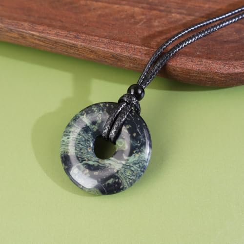 FANASY Natural Gemstone Pendant Necklce Lucky Coin Crystal Necklace Protection Donut Pendnat with Adjustable Rope for Men Women - color: Sparrow Stone