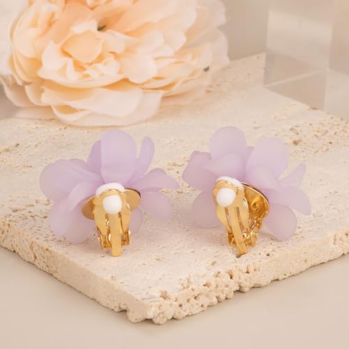 LAXPICOL Fashion Flower Clip On Earrings For Women Cute Lovely Acrylic Flower Earrings No piercing Earrings - color: purple