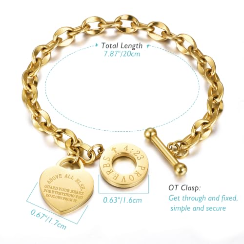 Emibele Heart Charm Bracelet for Women, Bible Verse Bracelet Stainless Steel 18K Gold Plated Bracelet Love Pendant Link Chain OT Clasp, Birthday Christmas Jewelry Gift for Mother Her - color: 14K Gold Plated