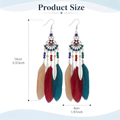 FRESHME Feather Earrings for Women - Native American Jewelry Boho Dangle Ethnic Indian Ear Drop for Music Festival Birthday - color: Dark Coloful