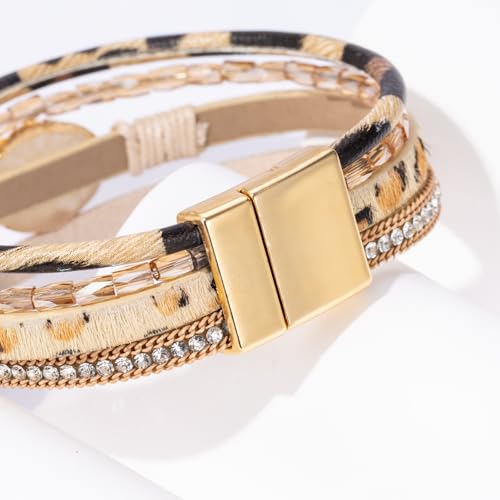 Boho Leather Wrap Bracelets Beaded Stackable Cuff Bracelet Country Concert Outfits Cowboy Cowgirl Western Jewelry Gifts for Women - color: Stone-Leopard