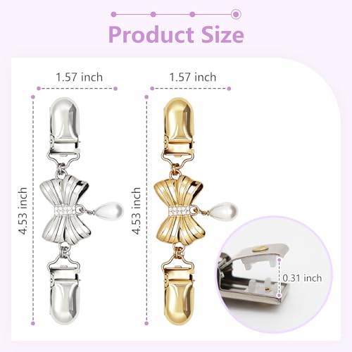 Frutain 2 Pcs Bow Waist Cincher Clips,Sweater Shawl Clips for women, Alloy Waist Buckle for Dresses,Shirts,Cardigans - color: Sliver/Gold