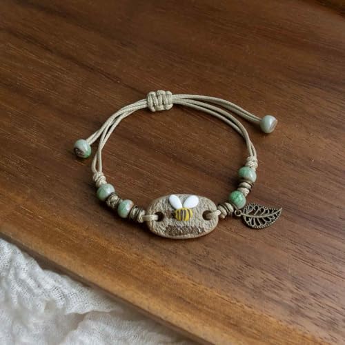 Handcrafted Bohemian Ceramic Flower Bracelet with Leaf Charm, Adjustable Beaded Bracelet for Women, Unique Handmade Jewelry Gift for Nature Lovers - style: Farmhouse