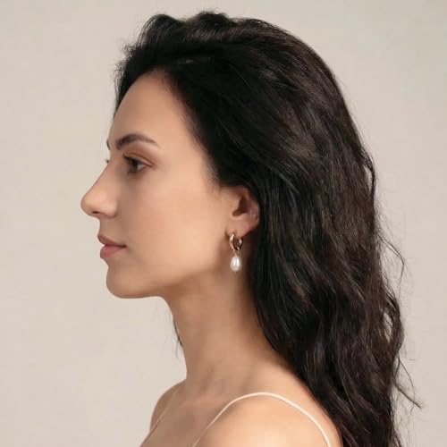 Pearl Earrings VeroSteel Dangle Earrings for Women, Dainty 14k Gold Huggie Hoop Earrings with Pearls, Trendy Pearl Drop Earrings, Stainless Steel Hypoallergenic Stud Earrings For Sensitive Ears - style: Classic