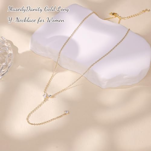 Long Gold Necklace for Women Dainty Layered Lariat Necklace | 14k Gold Plated Clover Teardrop CZ Y Shaped Drop Necklaces Cute Long Necklace for Women Trendy Prom Formal Womens Jewelry - color: Leaf CZ y necklace