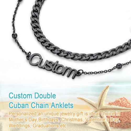 U7 Custom Layered Ankle Bracelets for Women Stainless Steel Bead/Cuban/Figaro/Rope/Wheat Chain Anklet Waterproof Anklet Jewelry for Beach Vacation - color: c-Black-Cuban Chain