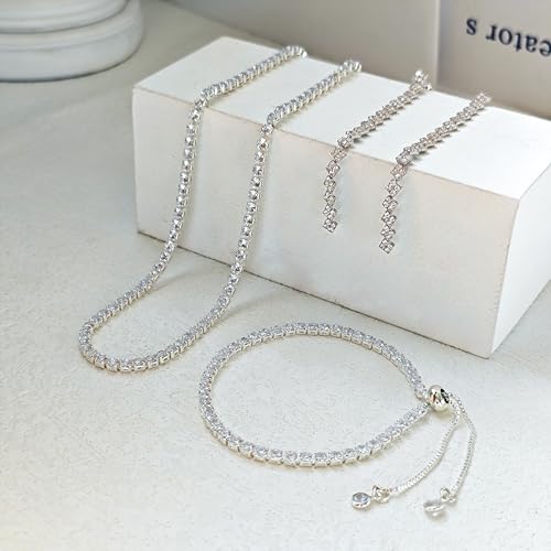 Luxval Tennis Necklace Set for Women Tennis Bracelets Diamond Earrings Sterling Silver Necklace Wedding Jewelry for Bride Silver Jewelry Sets for Women Gift - color: Silver-Linear tennis set