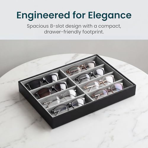 Stratalife 8 Grids Drawer Sunglasses Organizer Tray, Gray PU Velvet | Stackable Eyeglasses Storage Case with Removable Dividers, Jewelry Display Case for Necklace Bracelet, 13.78x9.5x1.2inch - color: Grey-02