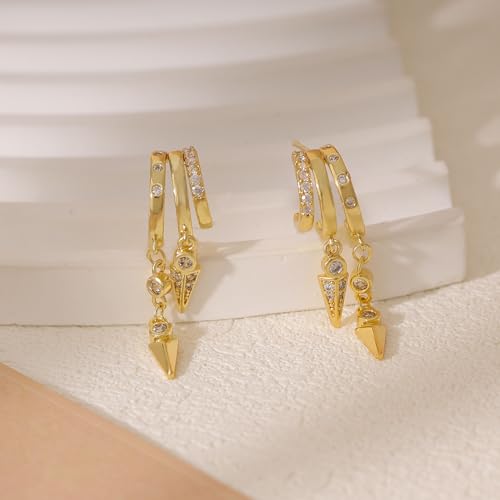 Dangle Earrings for Women,14k Gold Plated Triple Huggie Stud Earrings Cute Statement Chain Earring Dainty Drop Earrings for Women Trendy Gold Plated Jewelry - color: dangle2-Gold