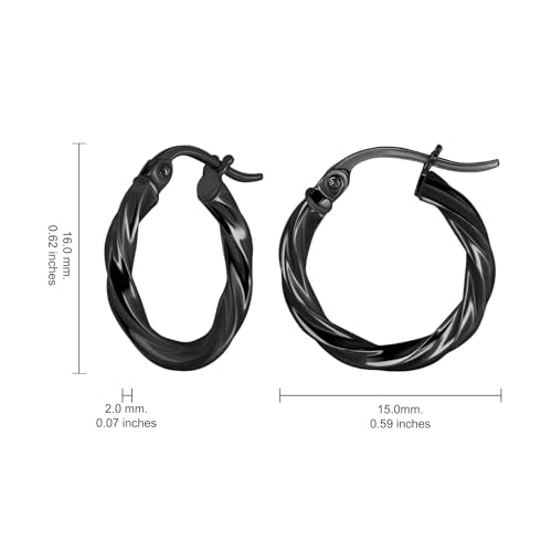 Hoops & Loops 925 Sterling Silver Twisted Hoop Earrings for Women - Hypoallergenic 14K Gold, Rose Gold, Black Flash Plated 2mm Thin Twist Design Round Click-Top Hoops, 15/20/25/30/35/40/50/60mm - color: Black-15mm (0.59 inch)