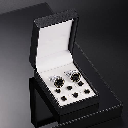 wynameleri Mens Cufflinks and Studs Set Blanks Round 4 Colors Shirt Tuxedo Buttons Packed in Cufflink Box for Business Wedding Jewelry - color: Black
