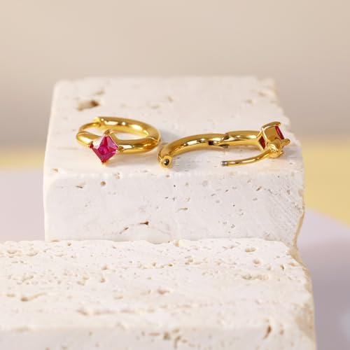 316L Surgical Steel Birthstone Hoop Earrings for Women | Lightweight, 5A Cubic Zirconia, Hypoallergenic, Lead & Nickel Free, 8mm Huggie Hoops - color: 18k gold-plated: 07. July (Ruby)