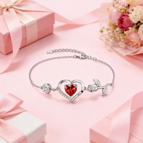 1CT Rose Heart Birthstone Bracelet for Women Love Gift - style: 01/07-Jan/July Ruby Silver