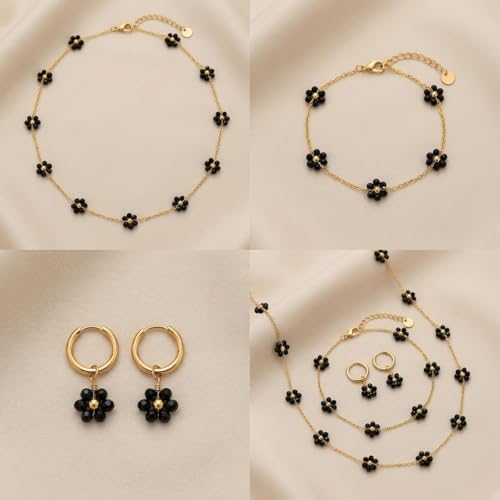 Daisy Pearl Jewelry Set for Women, 14K Gold Plated Stainless Steel Necklace Bracelet Earring 3 Piece Set, Dainty Pearl Choker Flower Necklace Birthday Gift for Her - color: Black