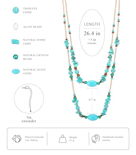 Noessla Boho Long Beaded Necklaces for Women Double Layer Chunky Irregular Stone Beads Strand Statement Jewelry Mothers Day Gifts - color: Turquoise
