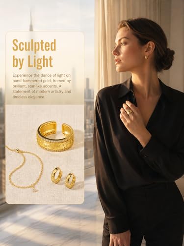 Heavy Solid 925 Sterling Silver, Band Ring for Women, Adjustable (Sizes 6–9) Open, weight 3.7g, Statement Ring with Dual Micro-Pave Stones - color: Gold