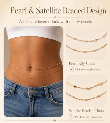 Gold Chain Belt for Women, 14K Gold Plated Layered Pearl Shell Belly Chain, Adjustable Gold Waist Chain and Beach Waist Chain Body Jewelry for Bikini Summer Outfits - color: Moonlight Platinum