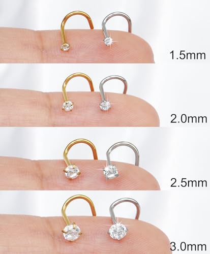 8Pcs Nose Rings Studs Set for Women Men: Hypoallergenic G23 Titanium/316L Surgical Stainless Steel Nose Studs, Nickel-free Lead-free L Shaped Corkscrew Nose Piercing Jewelry CZ 1.5mm 2mm 2.5mm 3mm - style: 8pcs 20G Gold/Silver - Stainless Steel