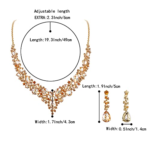 Women's Wedding Statement Necklace Dangle Earring Jewelry | Austrian Crystal Teardrop Cluster,Necklaces Earrings Set for Bride Bridesmaid,Prom Accessories - color: 12-Champagne Gold-Plated-Base