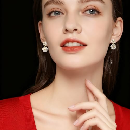 Gemsme Bridal Wedding Earrings for Brides Bridesmaides, 925 Sterling Silver Posts hypoallergenic Cubic Zirconia stud,Drop & Dangle Earrings for Women Jewelry Gifts - color: Gold - Flower Drop Earrings