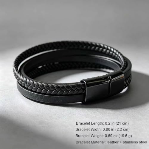 Italian Handmade Leather Bracelets for Men - color: Wrap Black, size: 8.2"