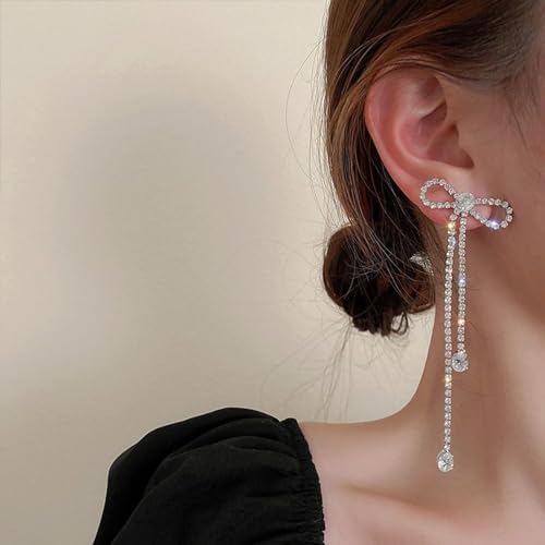 Luxval Rhinestone Earrings Dangling for Women Sparkly Silver Dangle Earrings Girls Long Chandelier Earrings Tassel Lightweight Ear Studs Cubic Zirconia Crystal Statement - color: Silver-CZ Bow