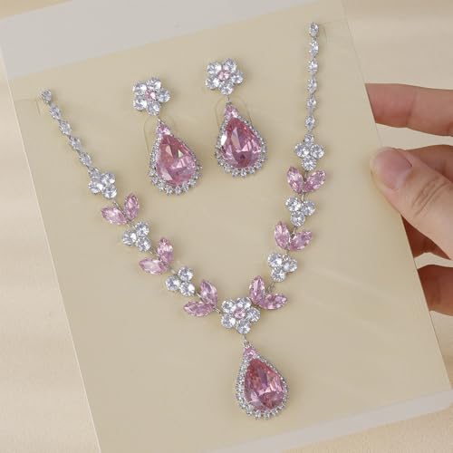 OIDIMS Elegant Teardrop Flower Leaf Wedding Bridal Jewelry Set for Women Ladies Cubic Zirconia Pendant Choker Necklace Drop Dangle Earring Fashion Evening Party Formal Costume Accessories Jewelry - color: Pink