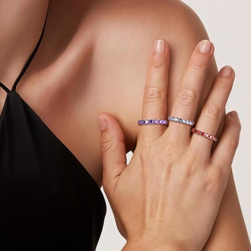 3.5mm Stackable Rings S925 Sterling Silver Created Birthstone & Cubic Zirconia Ring for Women Wedding Bands Anniversary Birthday Jewelry Size 6 to 10(with Box) - color: 01-Created Garnet-Jan