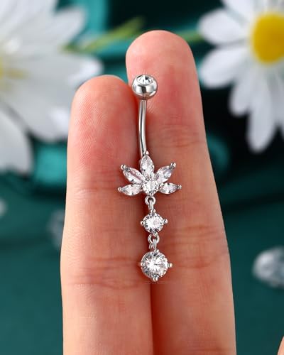 Dangle Lotus Belly Button Rings 14G Dangle Belly Navel Rings for Women Flower Belly Button Piercing - color: WG-10MM