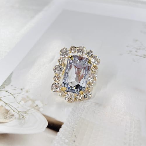 Silver Rectangle Rhinestone Statement Ring for Women Luxury Fashion Exaggerated Large Thick Chunky Geometric Crystal Finger Knuckle Band Wrap Open Adjustable Rings Wedding Cocktail Prom Party Jewelry Gift - color: Gold