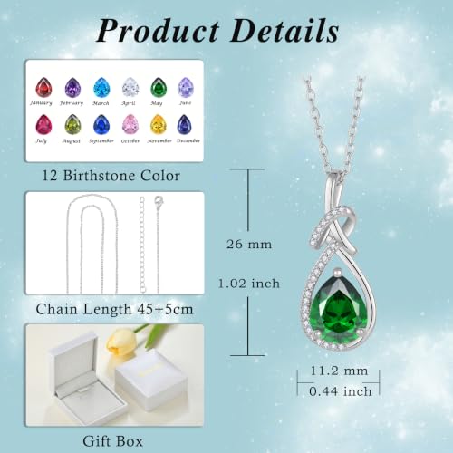 Infinity Teardrop Necklace Silver Tone Pendant Birthstone Jewelry for Women - color: Emerald Green