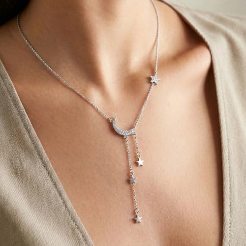 Moon Y Necklace Silver with Star Pendant, Rhinestone Long Link Chain Jewelry, Adjustable Moon Choker Crescent Pendant Collarbone Necklaces, Celestial Statement Jewelry Gifts for Women - style: Modern