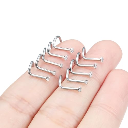 Hoeudjo Nose Studs Surgical Steel Cubic Zirconia Nose Rings Kit for Women Men Tiny Nose Stud Bone & Screw & L Shaped Nostril Piercing Jewelry 24/22/20/18 Gauge 10 Pieces - color: silver-tone,screw nose studs, size: 18g/1.5mm clear CZ