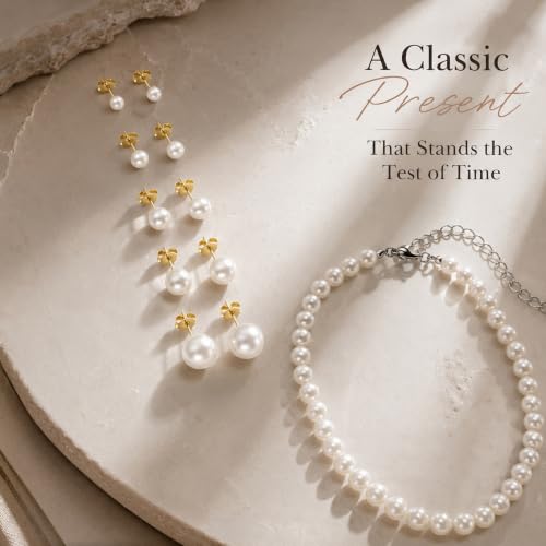 D.Bella Pearl Necklace Stud Earrings Set for Women Dainty Round Imitation Pearl Choker Necklace for Wedding -5Pairs Hypoallergenic Earrings Delicate Jewelry - color: A-Gold