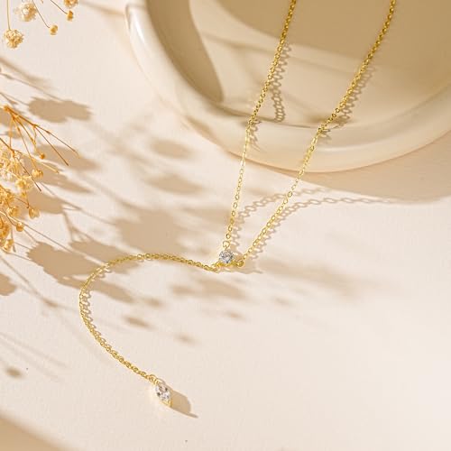 14K Gold Plated Layered Lariat Necklace for Women - Waterproof Non-Tarnish Dainty Gold Chain Necklace, Long Boho Statement Jewelry for Wedding, Prom, Summer Vacation Gifts - color: Two CZ Y Necklace-Gold