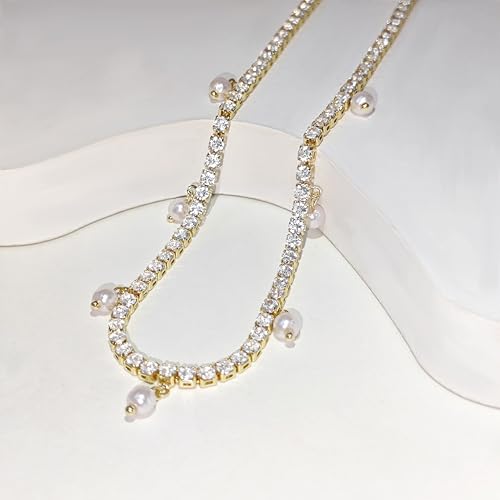 Luxval Tennis Necklace 14K Gold Plated Rhinestone Butterfly Choker Necklaces for women Dainty Zirconia Cut Faux Diamond chain 3mm - color: Gold-Pearl dangle tennis