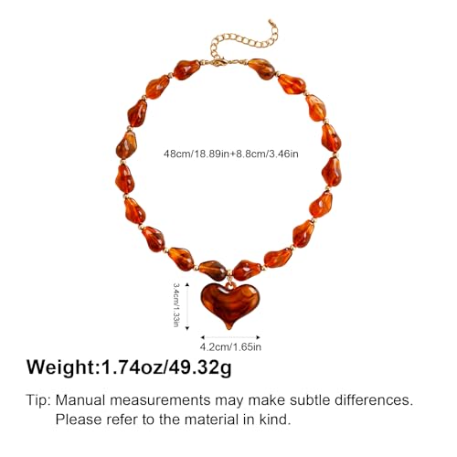 YUJIE Chunky Heart Pendant Necklace for Women- Exaggerated Statement Puff Heart Necklace with Acrylic Beaded Chain - color: Amber-2