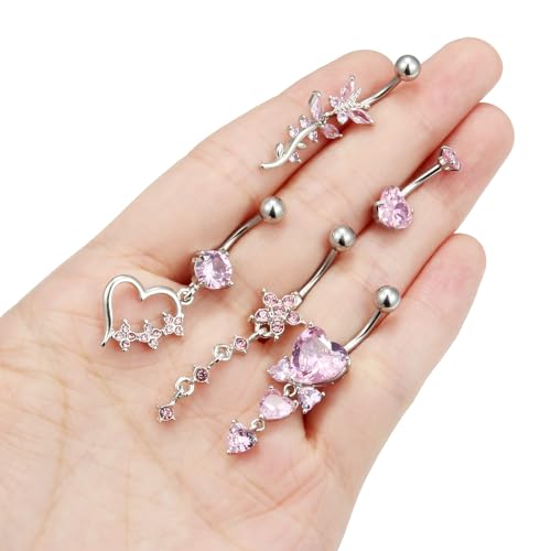 Vsnnsns 14G Dangle Belly Button Ring Piercing Jewelry 316L Stainless Surgical Steel Navel Rings Cubic Zirconia Heart Flower CZ Dangling Belly Button Ring Piercing Jewelry for Women 14 Gauge - color: Silver-Pink CZ