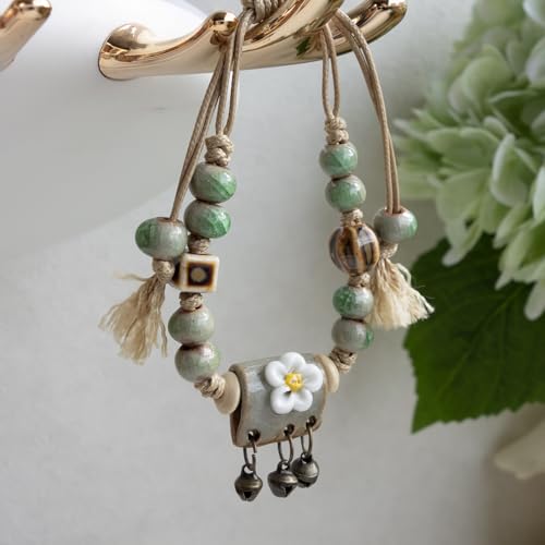 Handcrafted Bohemian Ceramic Flower Bracelet with Leaf Charm, Adjustable Beaded Bracelet for Women, Unique Handmade Jewelry Gift for Nature Lovers - style: Bohemian