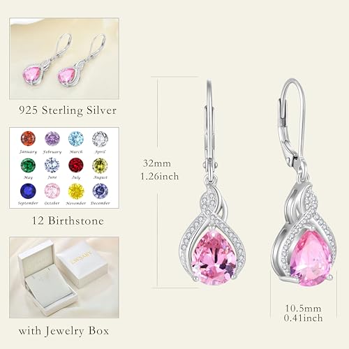 925 Sterling Silver Infinity Teardrop Earrings for Women | Lwsary Dangle Drop Leverback Earrings, Pear Shaped Birthstone Jewelry for Her - color: Pink