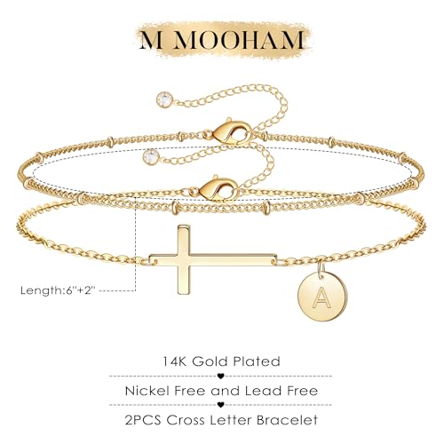 M MOOHAM Initial Cross Bracelet for Women Teen Girl, Baptism Christian Gift | 14K-Gold-Plated Layered Disc Letter Cross Bracelet Jewelry, Baptism Christian Gifts for Women, Confirmation Gifts for Girls - color: G